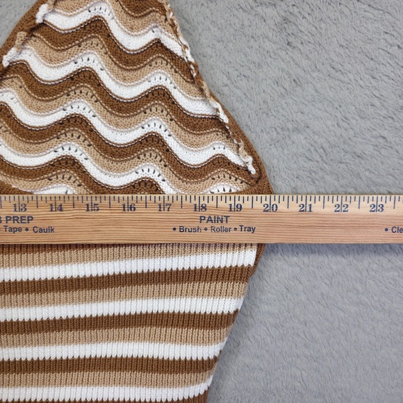 Y2K Crochet Halter Top Juniors 2X Brown White Knit Striped Cropped Boho Festival - Picture 4 of 9
